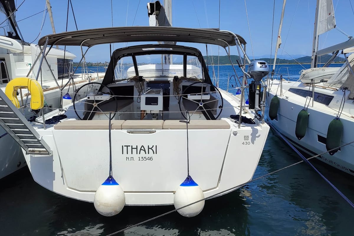 Exterior view of Ithaki, a Dufour 430 sailboat at Preveza, Greece