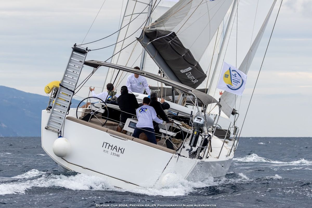 Exterior view of Ithaki, a Dufour 430 sailboat at Preveza, Greece