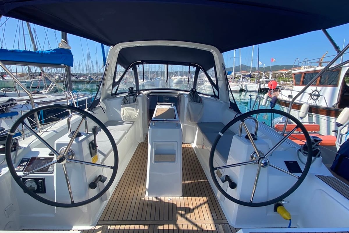 Cockpit of Polis, a Beneteau Oceanis 35.1 sailboat at Rosignano Solvay, Italy