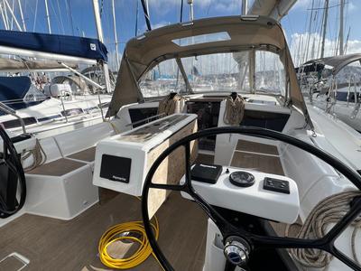 Cockpit of Extasie II, a Dufour 390 sailboat at Port Navalo, France