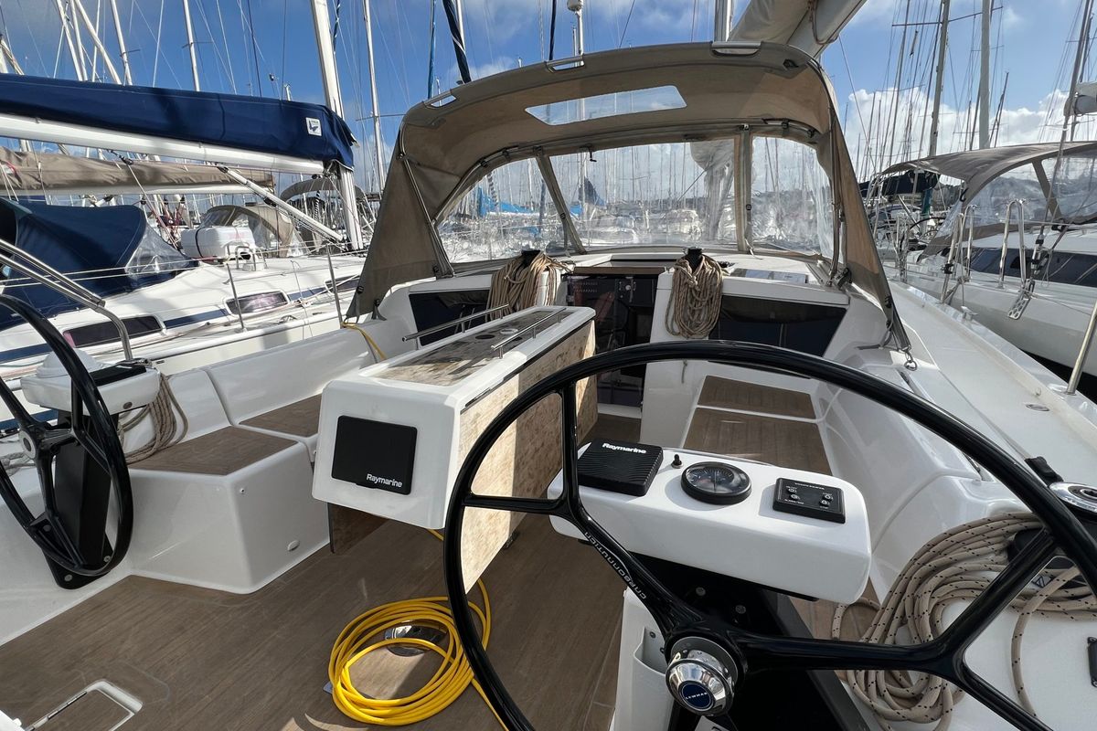 Cockpit of Extasie II, a Dufour 390 sailboat at Port Navalo, France