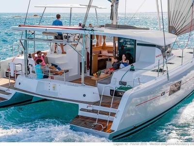Deck of Sunsail Lagoon 424 Classic, a Lagoon 42 catamaran at Municipal Unit of Lefkada, Greece