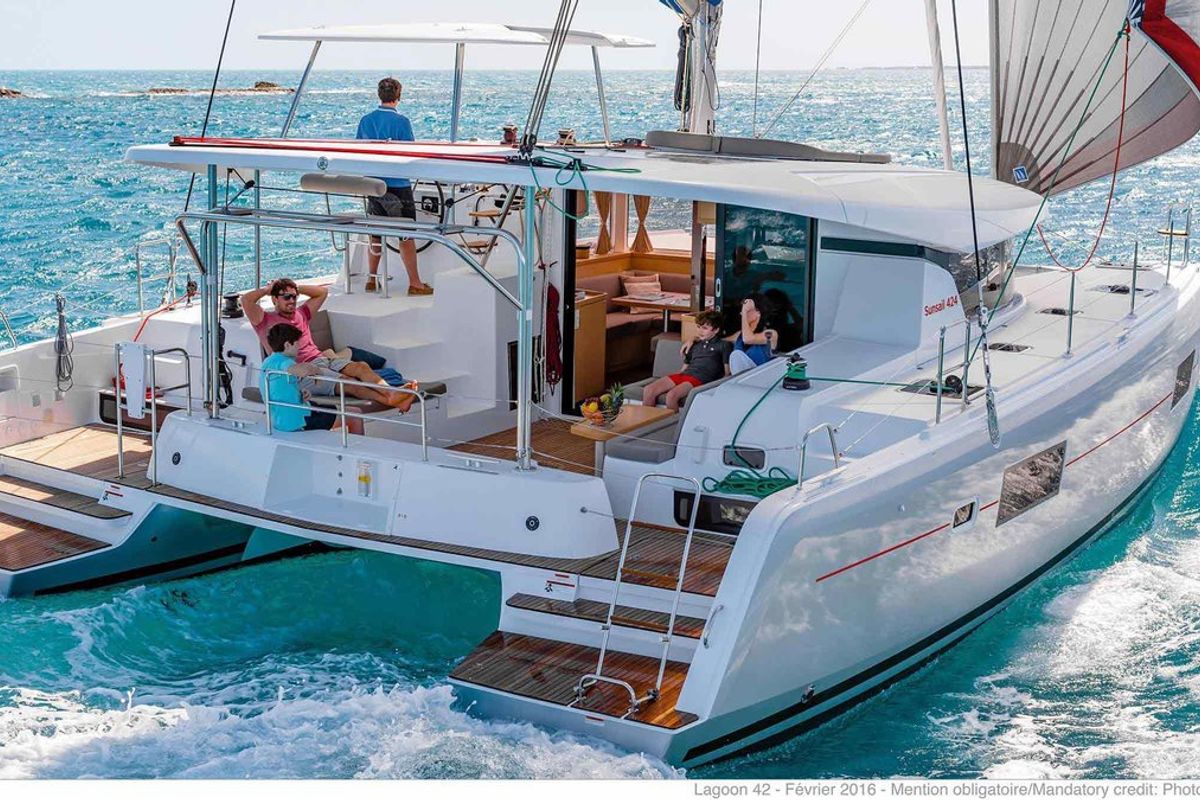 Deck of Sunsail Lagoon 424 Classic, a Lagoon 42 catamaran at Municipal Unit of Lefkada, Greece