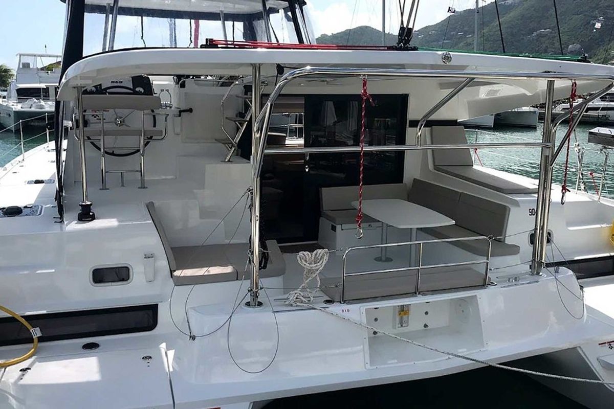 Deck of Sunsail Lagoon 424 Classic, a Lagoon 42 catamaran at Municipal Unit of Lefkada, Greece