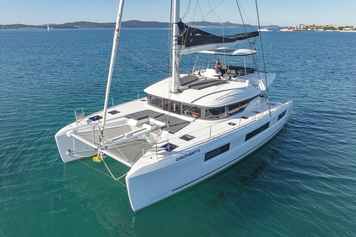 Exterior view of Disonesto, a Lagoon 51 catamaran at Općina Sukošan, Croatia