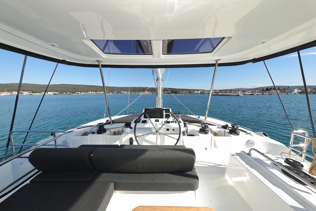 Cockpit of Disonesto, a Lagoon 51 catamaran at Općina Sukošan, Croatia