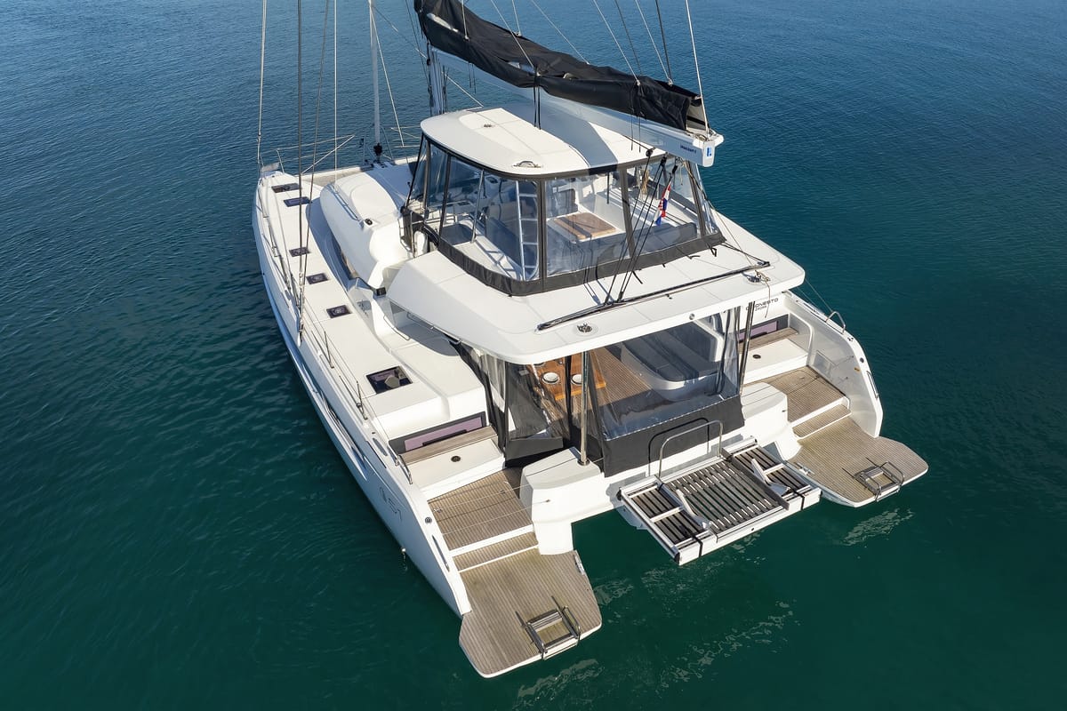 Exterior view of Disonesto, a Lagoon 51 catamaran at Općina Sukošan, Croatia