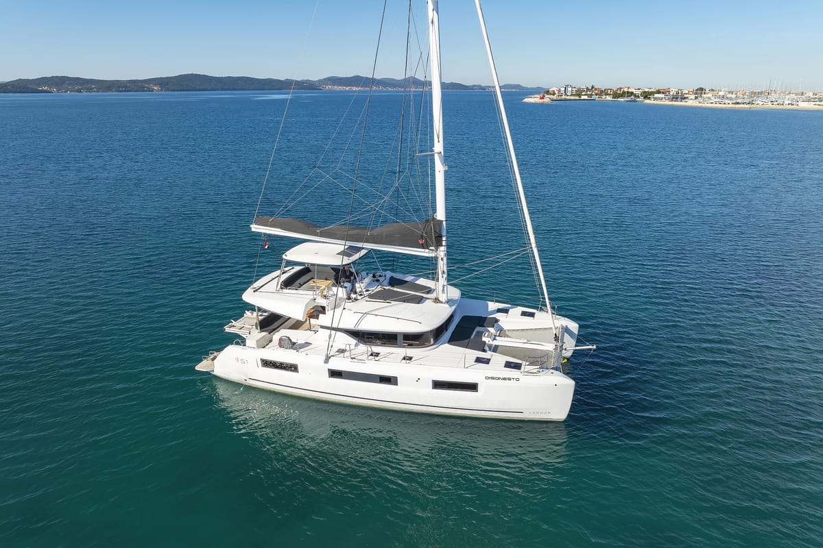 Exterior view of Disonesto, a Lagoon 51 catamaran at Općina Sukošan, Croatia