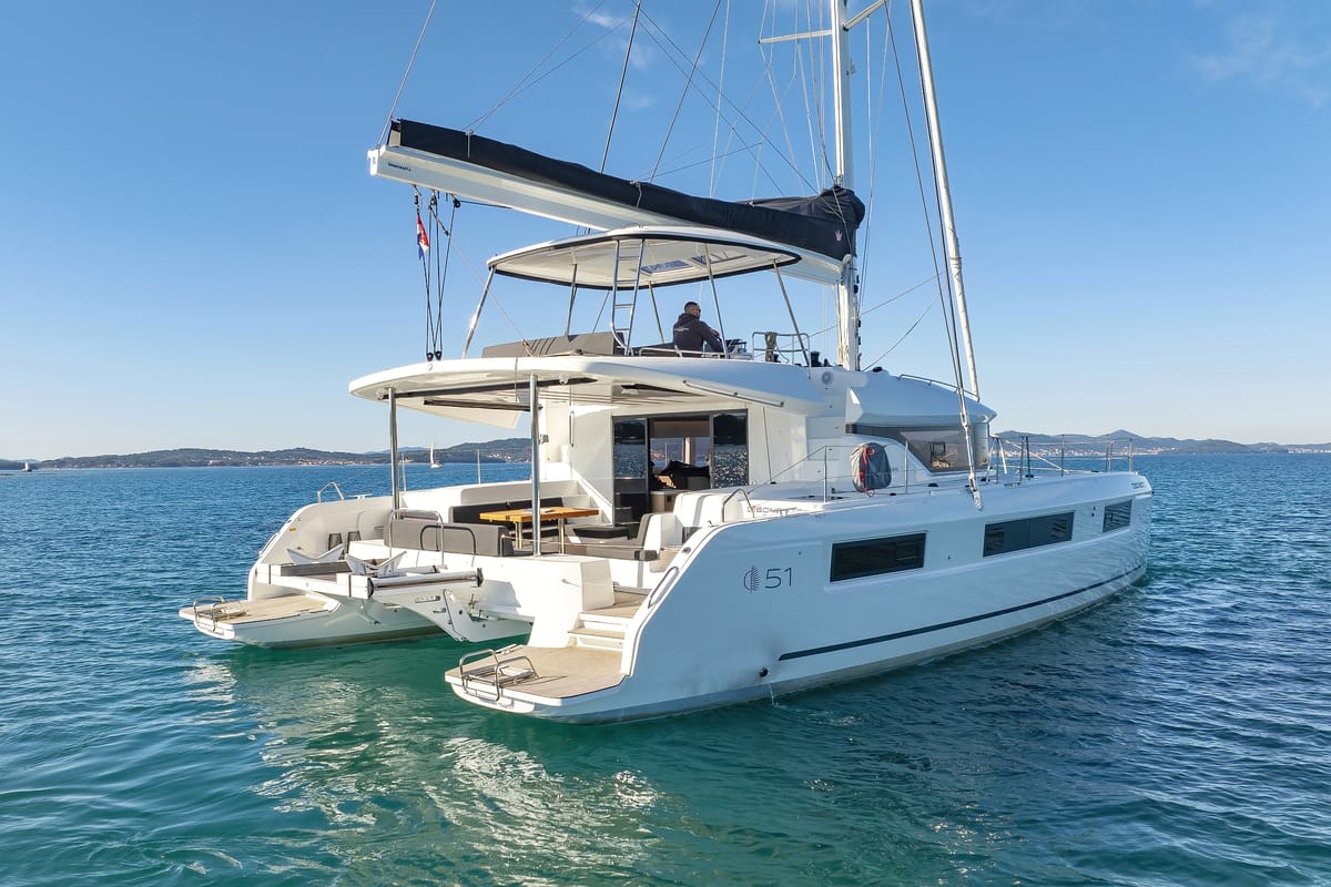 Exterior view of Disonesto, a Lagoon 51 catamaran at Općina Sukošan, Croatia