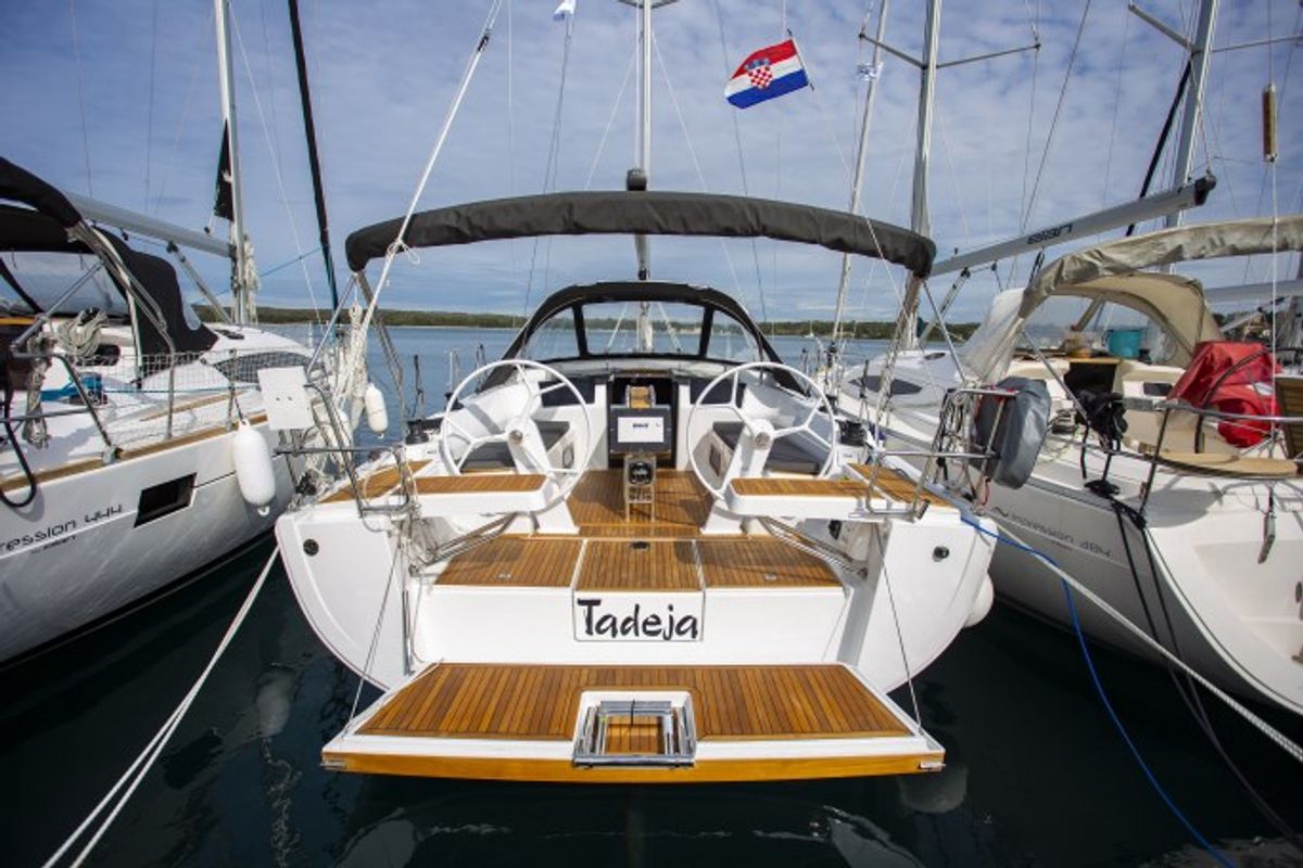 Cockpit of Tadeja, a Hanse Yachts Hanse 388 sailboat at Grad Pula, Croatia