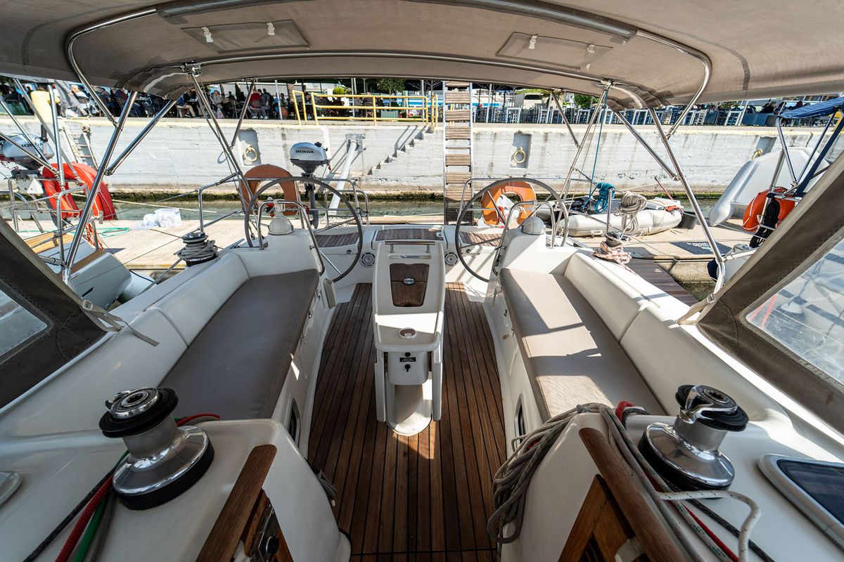 Cockpit of Errika, a Beneteau Oceanis 43 sailboat at Kavala, Greece