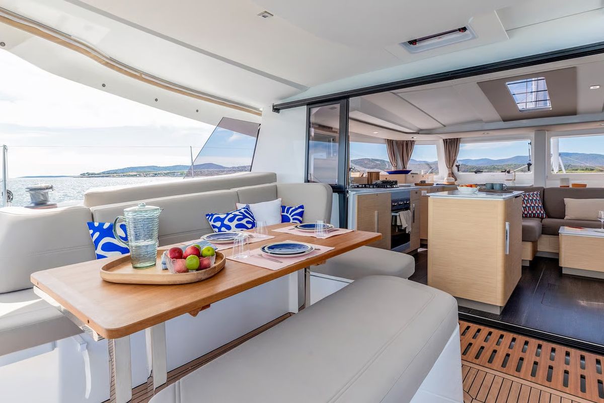 Deck of Serenus, a Fountaine Pajot FP 44 Maestro catamaran at Road Town, British Virgin Islands
