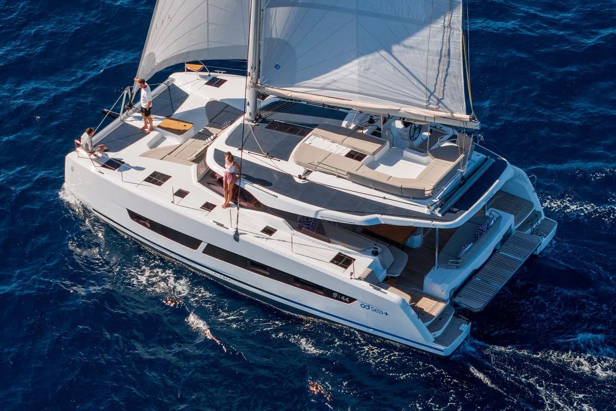 Exterior view of Serenus, a Fountaine Pajot FP 44 Maestro catamaran at Road Town, British Virgin Islands