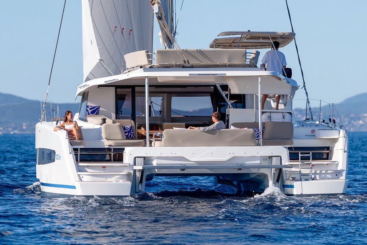 Deck of Serenus, a Fountaine Pajot FP 44 Maestro catamaran at Road Town, British Virgin Islands