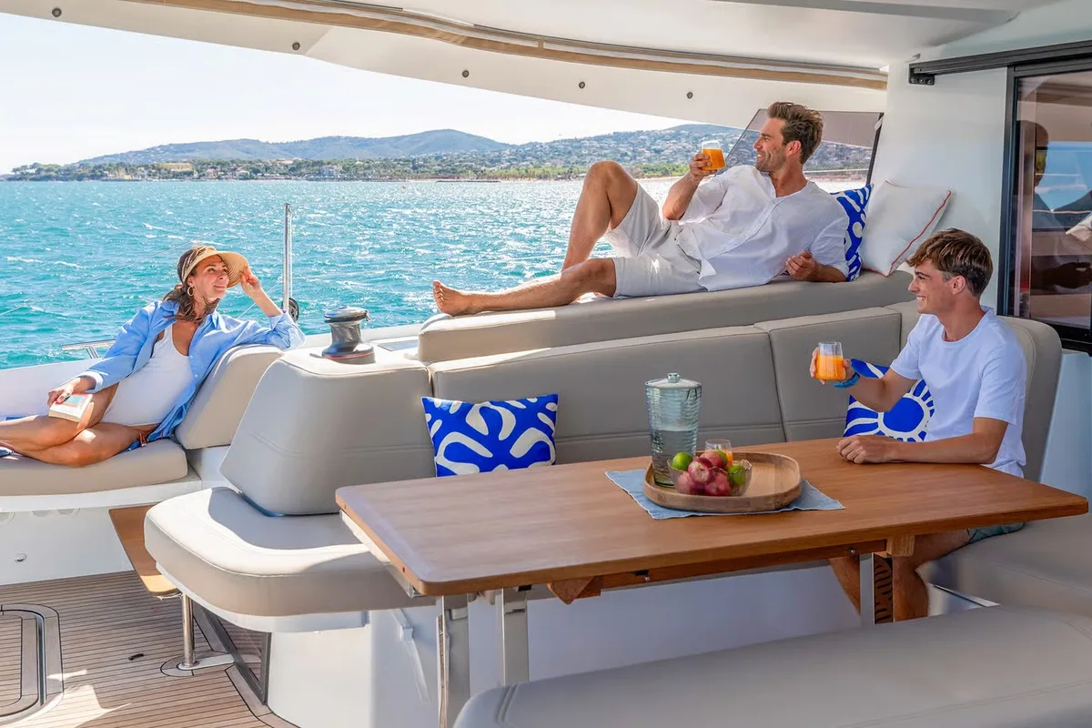 Deck of Serenus, a Fountaine Pajot FP 44 Maestro catamaran at Road Town, British Virgin Islands