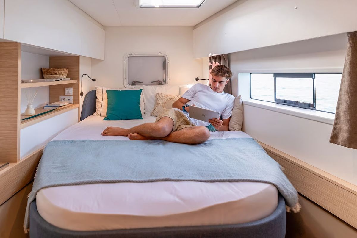 Cabin on Serenus, a Fountaine Pajot FP 44 Maestro catamaran at Road Town, British Virgin Islands