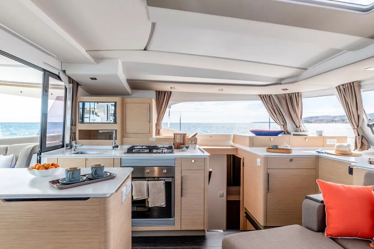 Salon of Serenus, a Fountaine Pajot FP 44 Maestro catamaran at Road Town, British Virgin Islands
