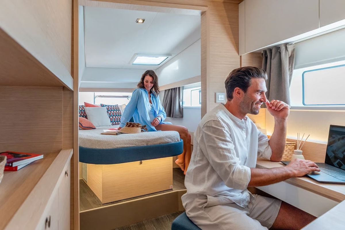 Cabin on Serenus, a Fountaine Pajot FP 44 Maestro catamaran at Road Town, British Virgin Islands