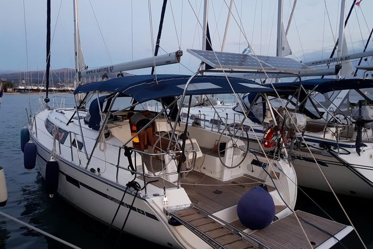 Exterior view of Marea, a Bavaria Cruiser 41 sailboat at Municipal Unit of Lefkada, Greece