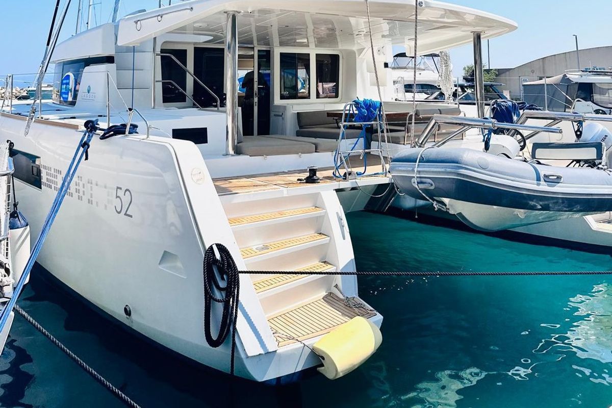Deck of Madonna of Adriatic, a Lagoon 52 F catamaran at Split, Croatia