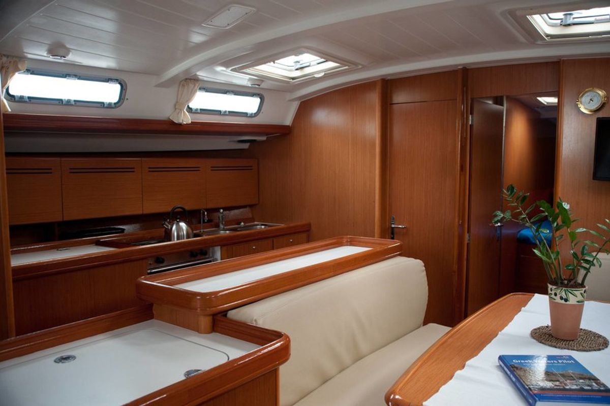 Salon of Azzuro, a Beneteau Cyclades 50.5 sailboat at Athens, Greece