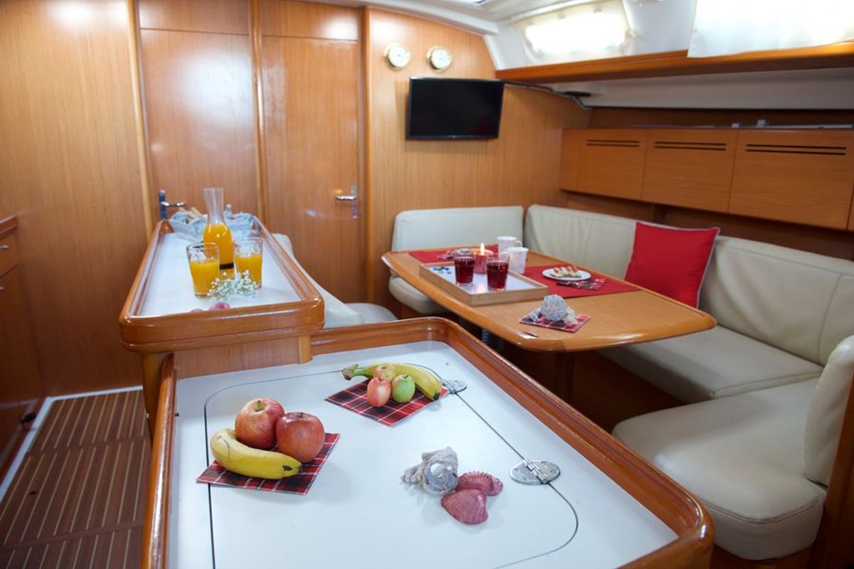 Salon of Azzuro, a Beneteau Cyclades 50.5 sailboat at Athens, Greece