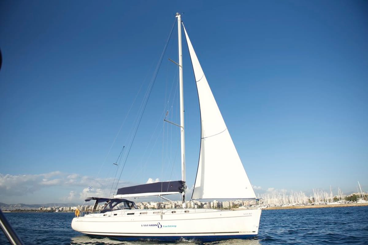 Exterior view of Azzuro, a Beneteau Cyclades 50.5 sailboat at Athens, Greece