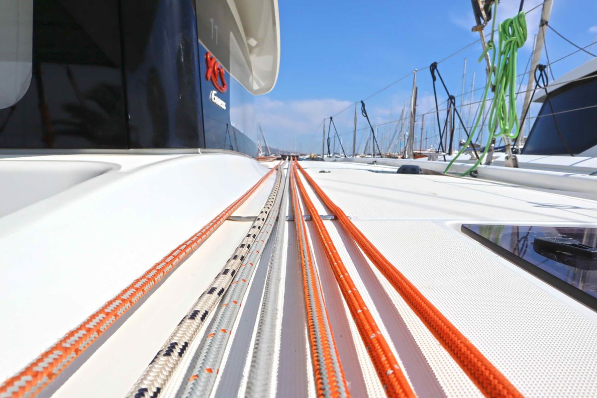 Deck of STARFISH, a Excess 11 catamaran at Athens, Greece