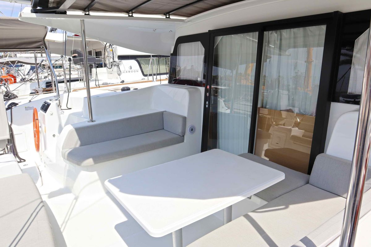Deck of STARFISH, a Excess 11 catamaran at Athens, Greece