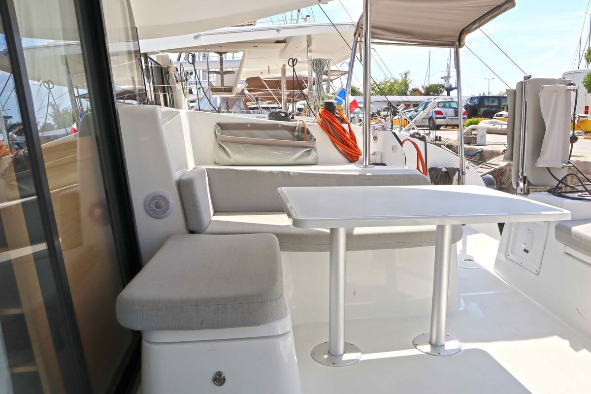 Deck of STARFISH, a Excess 11 catamaran at Athens, Greece