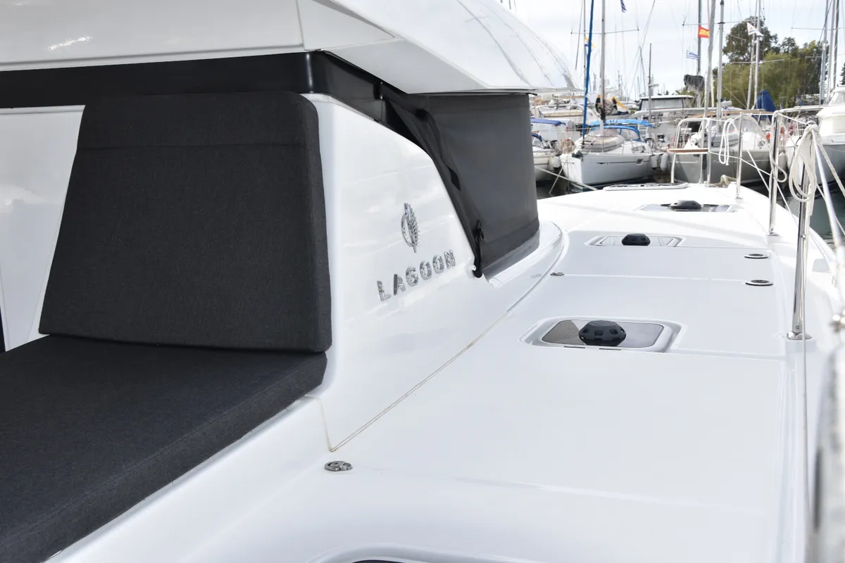 Exterior view of ARION AC, Gen, W.Maker, a Lagoon 42 catamaran at Skiathos, Greece