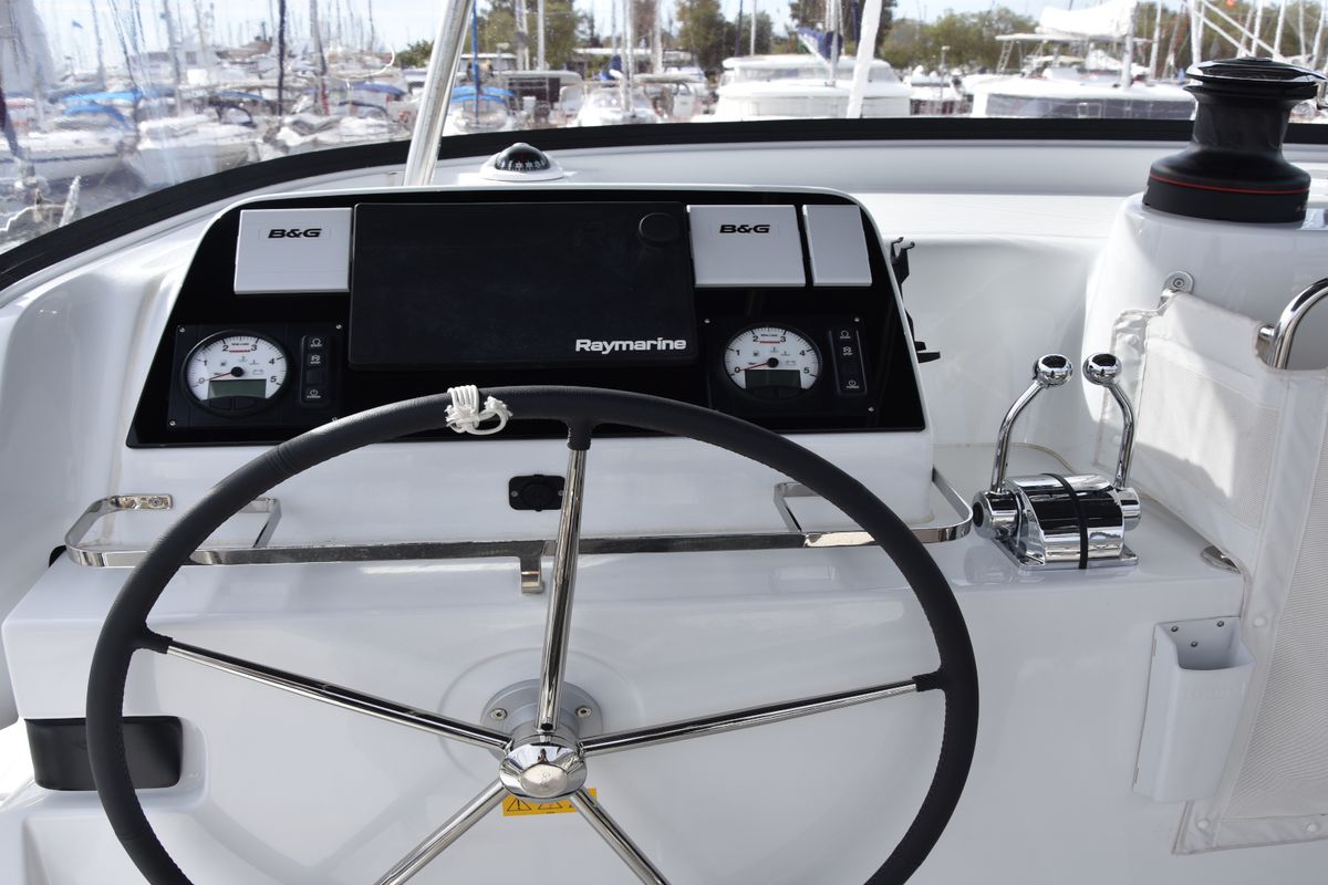Cockpit of ARION AC, Gen, W.Maker, a Lagoon 42 catamaran at Skiathos, Greece