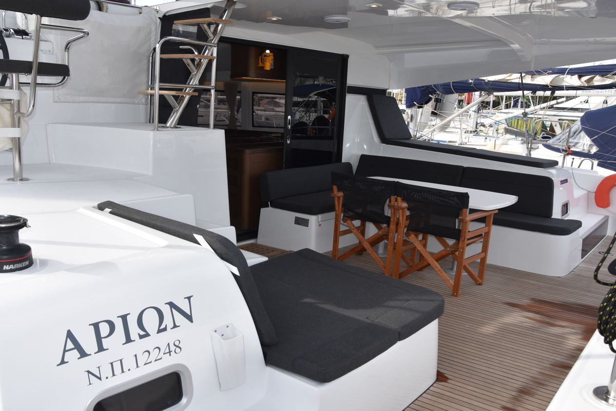 Deck of ARION AC, Gen, W.Maker, a Lagoon 42 catamaran at Skiathos, Greece