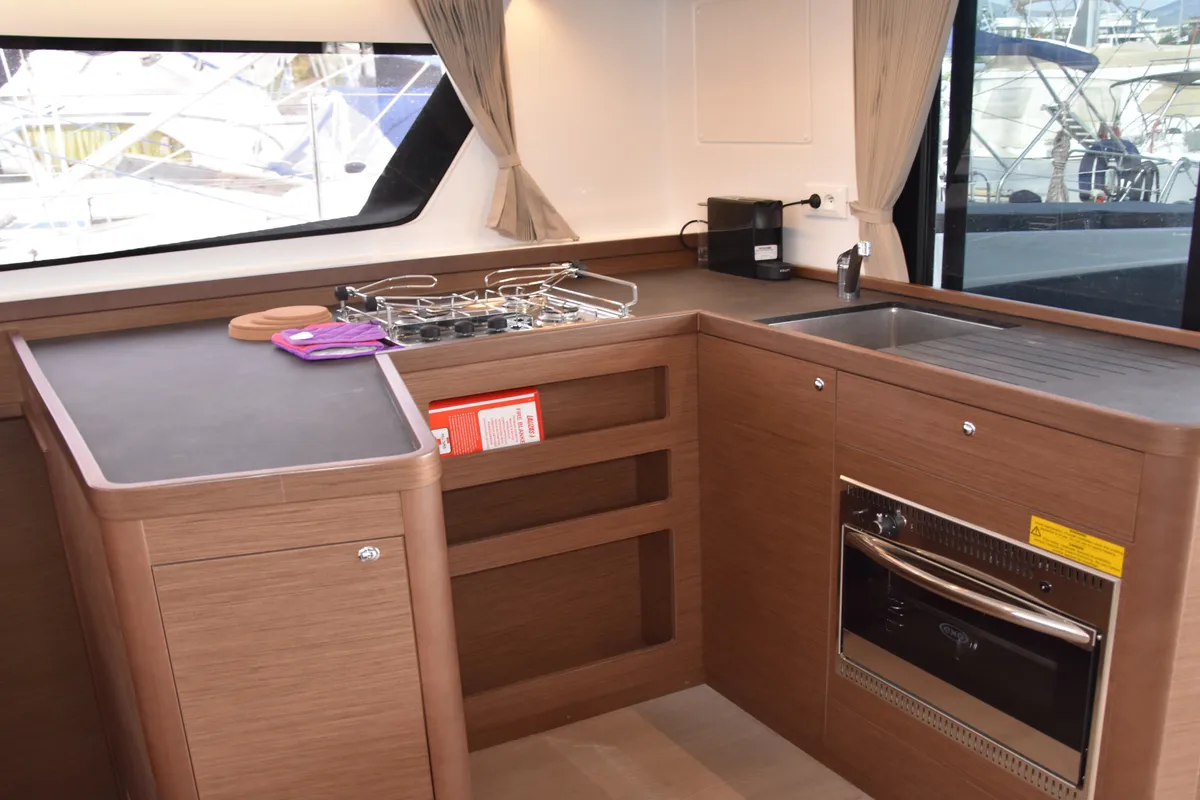 Galley of ARION AC, Gen, W.Maker, a Lagoon 42 catamaran at Skiathos, Greece