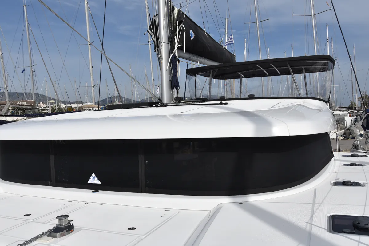 Deck of ARION AC, Gen, W.Maker, a Lagoon 42 catamaran at Skiathos, Greece