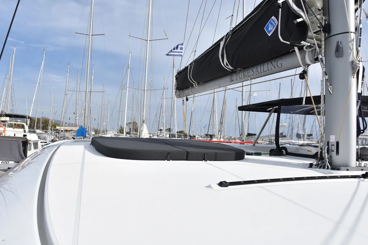 Deck of ARION AC, Gen, W.Maker, a Lagoon 42 catamaran at Skiathos, Greece