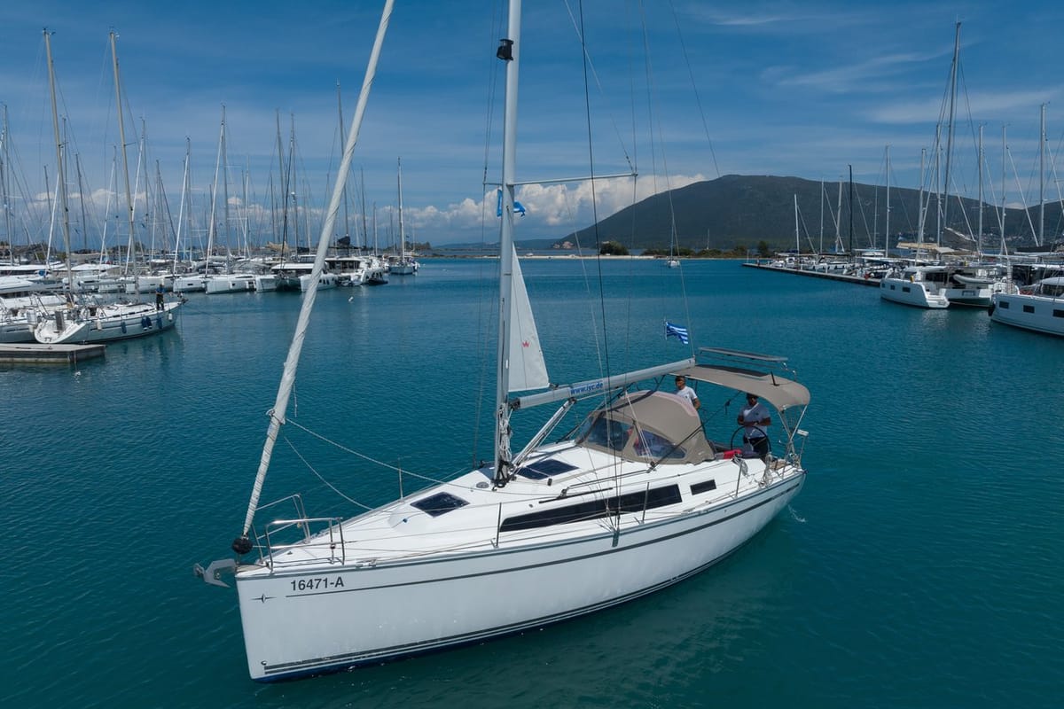 Exterior view of Oneiro, a Bavaria Cruiser 34 sailboat at Municipal Unit of Lefkada, Greece