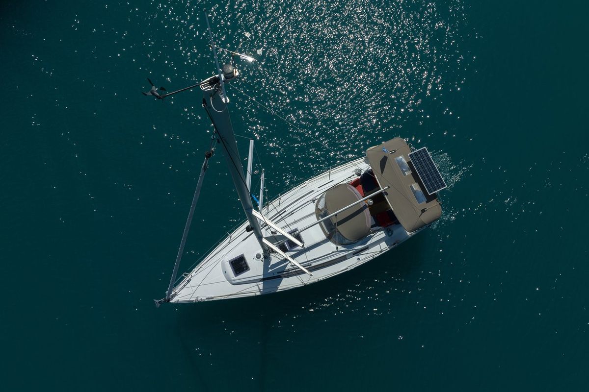 Exterior view of Oneiro, a Bavaria Cruiser 34 sailboat at Municipal Unit of Lefkada, Greece