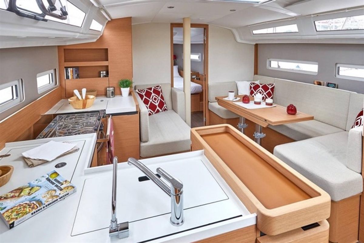Salon of Locean, a Jeanneau Sun Odyssey 410 sailboat at Municipal Unit of Lefkada, Greece