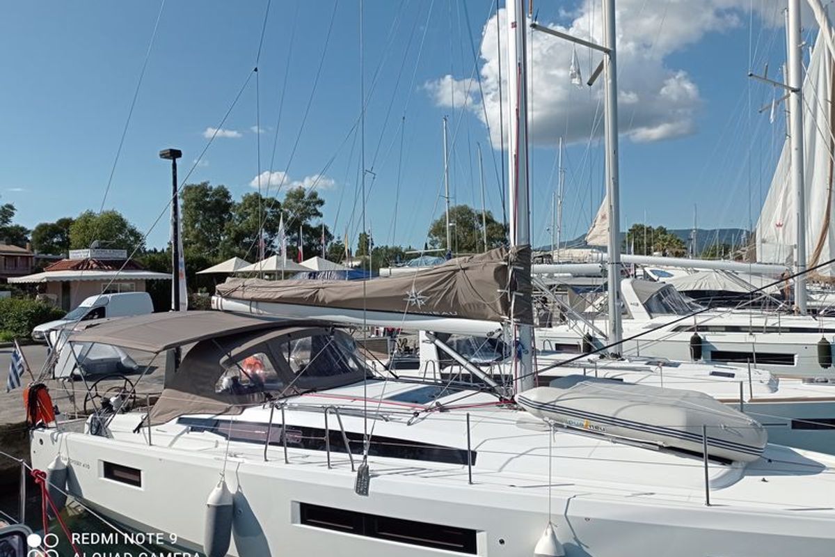 Exterior view of Locean, a Jeanneau Sun Odyssey 410 sailboat at Municipal Unit of Lefkada, Greece
