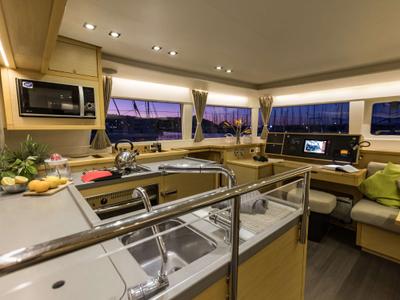 Galley of Opera Prima, a Lagoon 450 catamaran at Capo d'Orlando, Italy