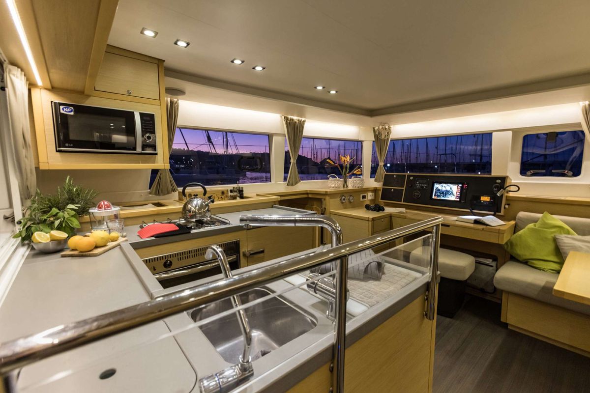 Galley of Opera Prima, a Lagoon 450 catamaran at Capo d'Orlando, Italy