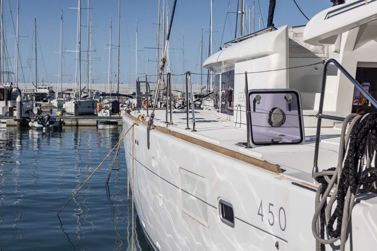 Exterior view of Opera Prima, a Lagoon 450 catamaran at Capo d'Orlando, Italy