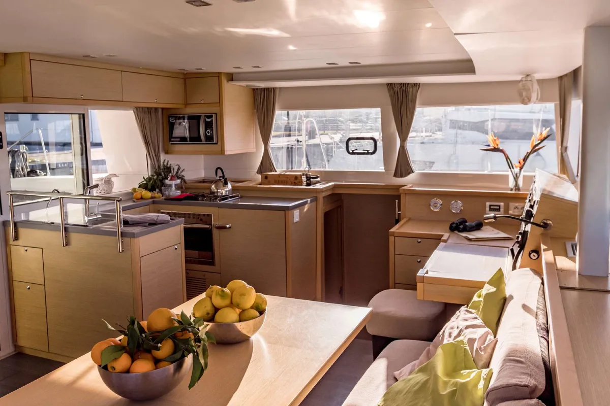 Salon of Opera Prima, a Lagoon 450 catamaran at Capo d'Orlando, Italy