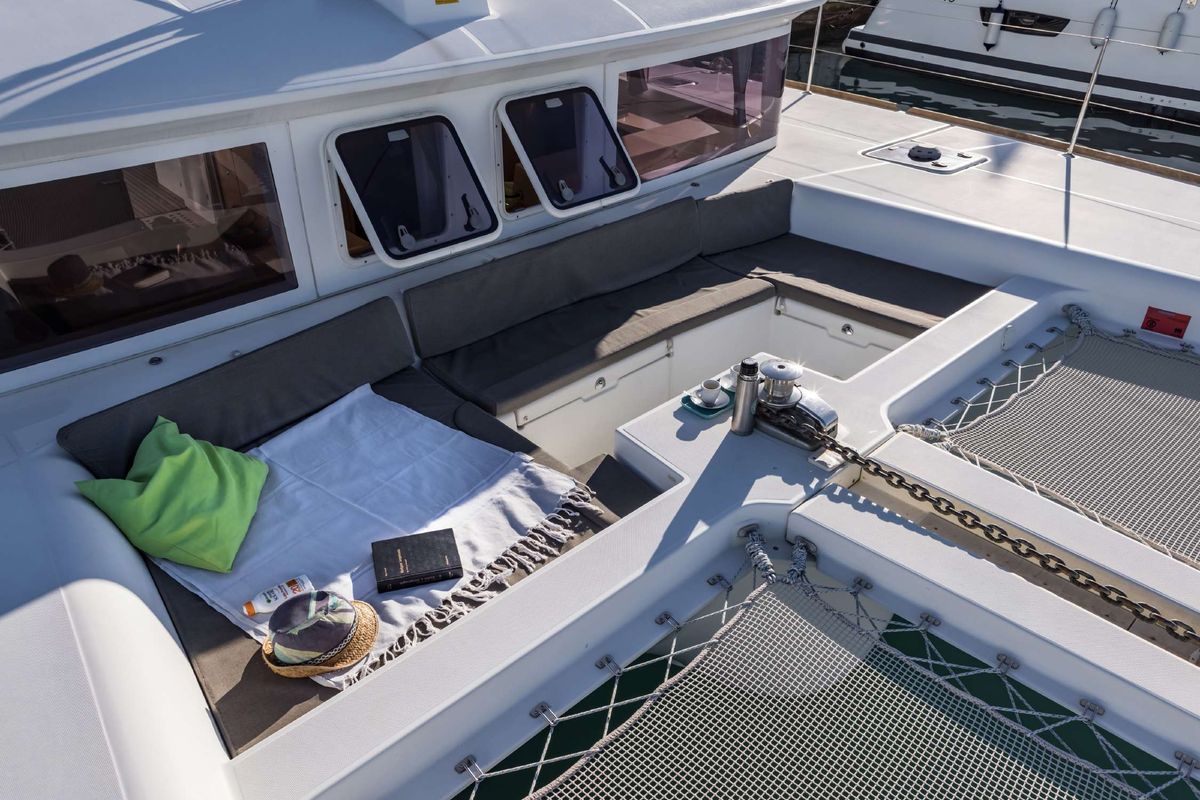 Deck of Opera Prima, a Lagoon 450 catamaran at Capo d'Orlando, Italy