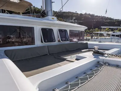 Deck of Opera Prima, a Lagoon 450 catamaran at Capo d'Orlando, Italy