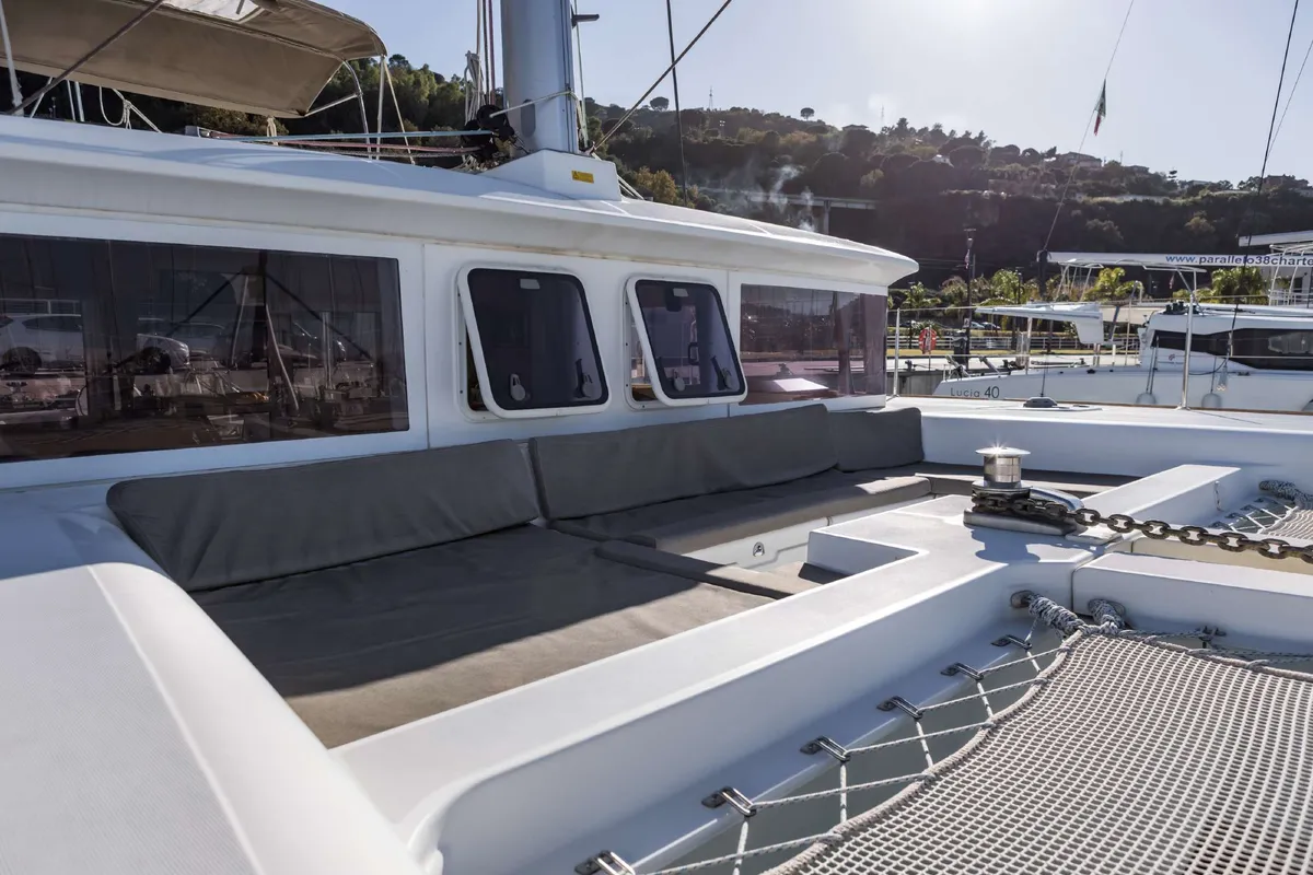 Deck of Opera Prima, a Lagoon 450 catamaran at Capo d'Orlando, Italy