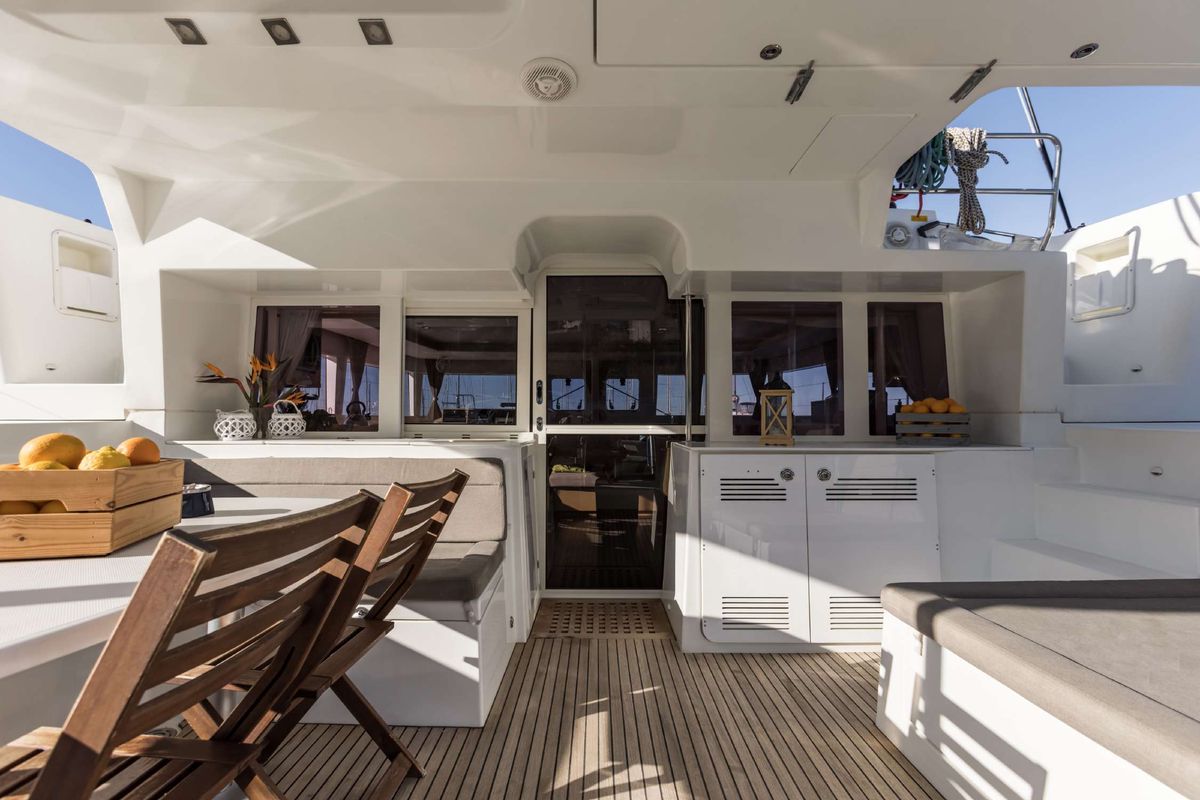 Deck of Opera Prima, a Lagoon 450 catamaran at Capo d'Orlando, Italy