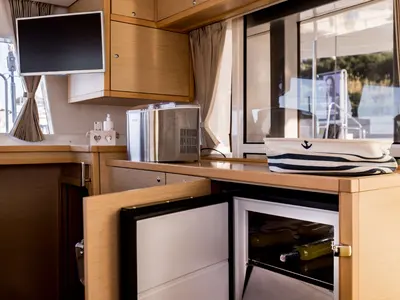 Salon of Opera Prima, a Lagoon 450 catamaran at Capo d'Orlando, Italy