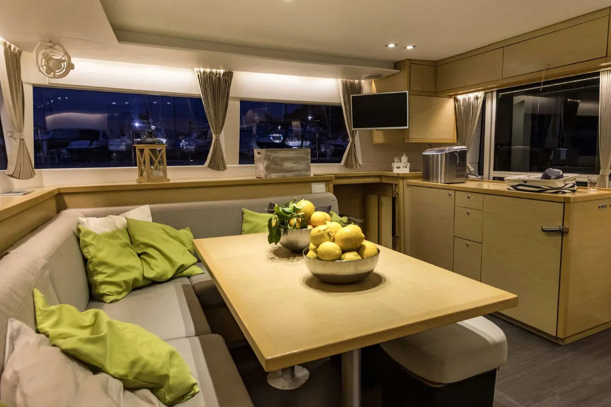 Salon of Opera Prima, a Lagoon 450 catamaran at Capo d'Orlando, Italy